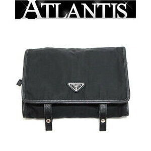 PRADA Triangle Logo Travel Pouch Black Leather Nylon